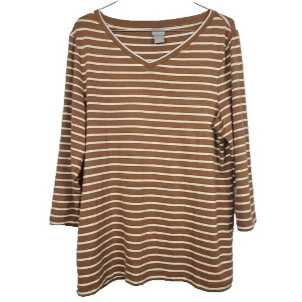 Chicos Womens Tunic Top Medium Brown White‎ Striped 3/4 Sleeve V-Neck Casual